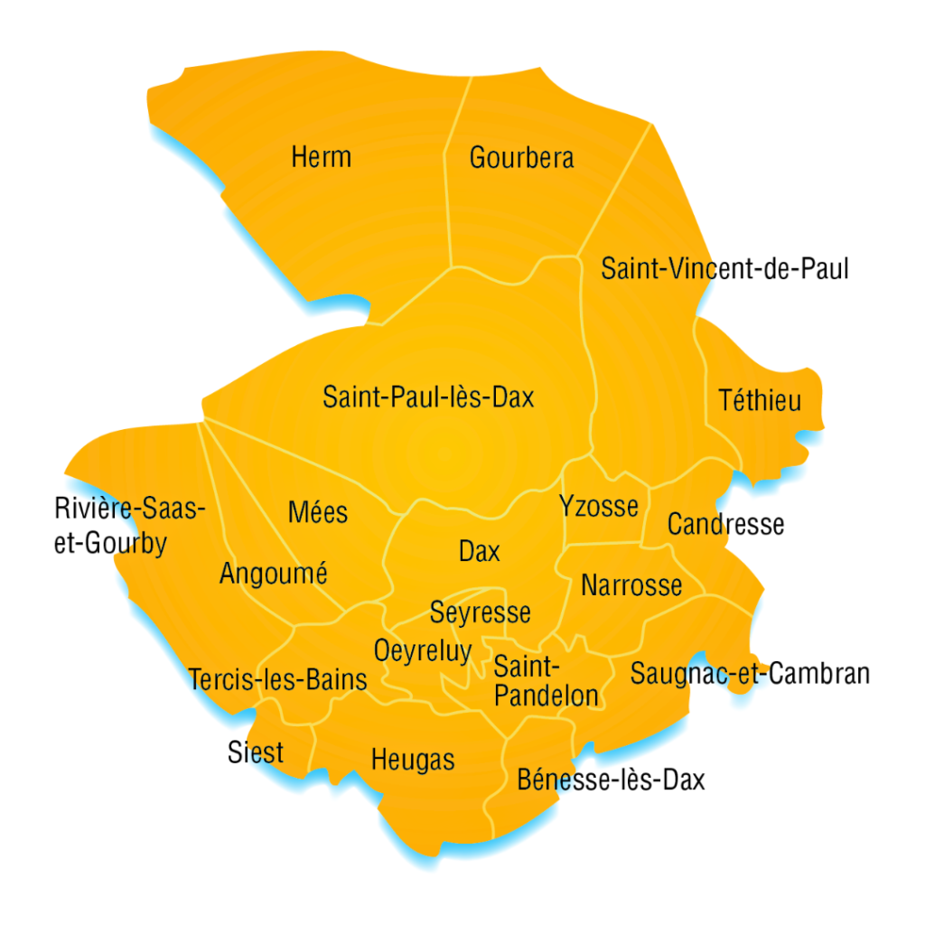 Dax, Saint-Paul-Lès-Dax, Herm, Gourbera, Saint-Vincent-de-Paul, Téthieu, Yzosse, Candresse, Narrosse, Saugnac-et-Cambran,Saint-Pandelon, Oeyreluy, Seyresse, Heugas, Tercis-les-Bains, Siest, Rivière-Saas-et-Gourby, Mées, Angoumé, Benesse-lès-Dax